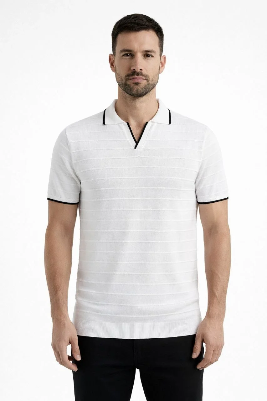 Erkek 2’li Paket Triko Yakalı Düğmesiz Açık Yaka Fitilli Kısa Kollu Regular Fit Tişört - Beyaz & Siyah Görsel 7
