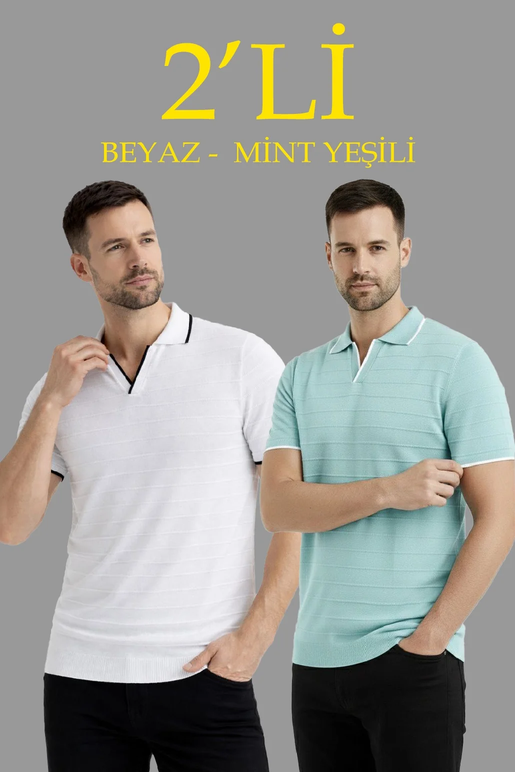 Erkek 2’li Paket Triko Yakalı Düğmesiz Açık Yaka Fitilli Kısa Kollu Regular Fit Tişört - Beyaz & Mint Yeşili