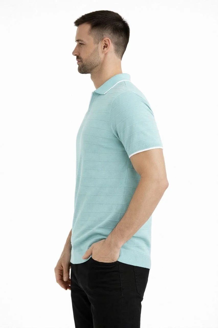 Erkek 2’li Paket Triko Yakalı Düğmesiz Açık Yaka Fitilli Kısa Kollu Regular Fit Tişört - Lacivert & Mint Yeşili Görsel 6