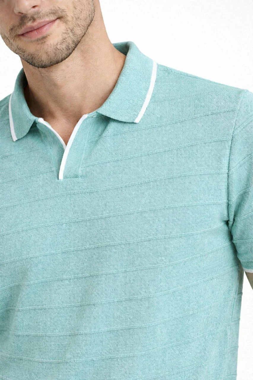 Erkek 2’li Paket Triko Yakalı Düğmesiz Açık Yaka Fitilli Kısa Kollu Regular Fit Tişört - Lacivert & Mint Yeşili Görsel 8