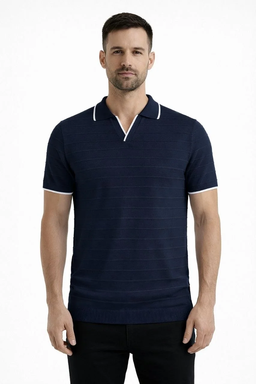 Erkek 2’li Paket Triko Yakalı Düğmesiz Açık Yaka Fitilli Kısa Kollu Regular Fit Tişört - Lacivert & Bej Görsel 7