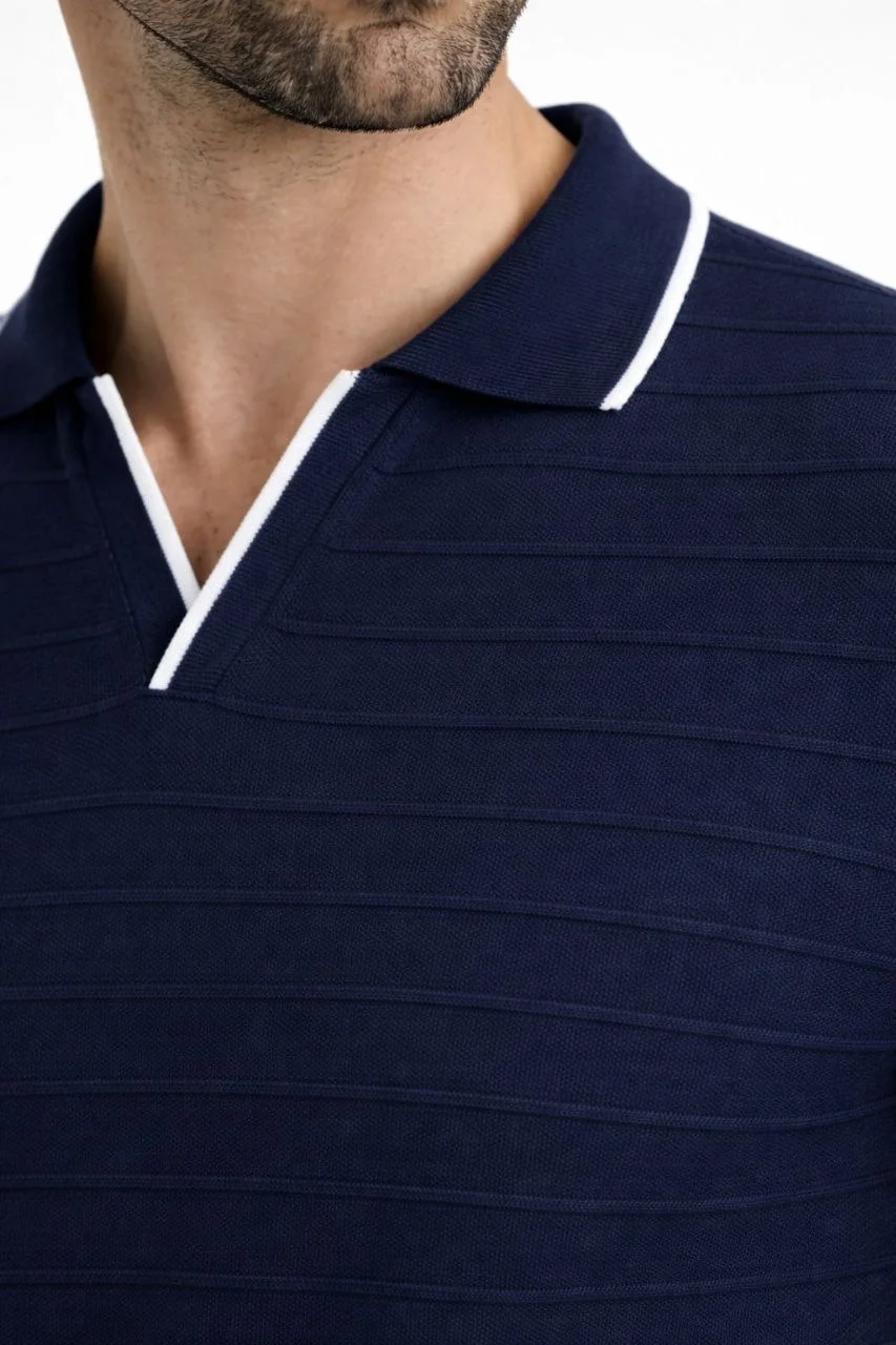 Erkek 2’li Paket Triko Yakalı Düğmesiz Açık Yaka Fitilli Kısa Kollu Regular Fit Tişört - Lacivert & Bej Görsel 6