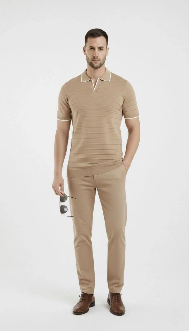 Erkek 2’li Paket Triko Yakalı Düğmesiz Açık Yaka Fitilli Kısa Kollu Regular Fit Tişört - Lacivert & Bej Görsel 8