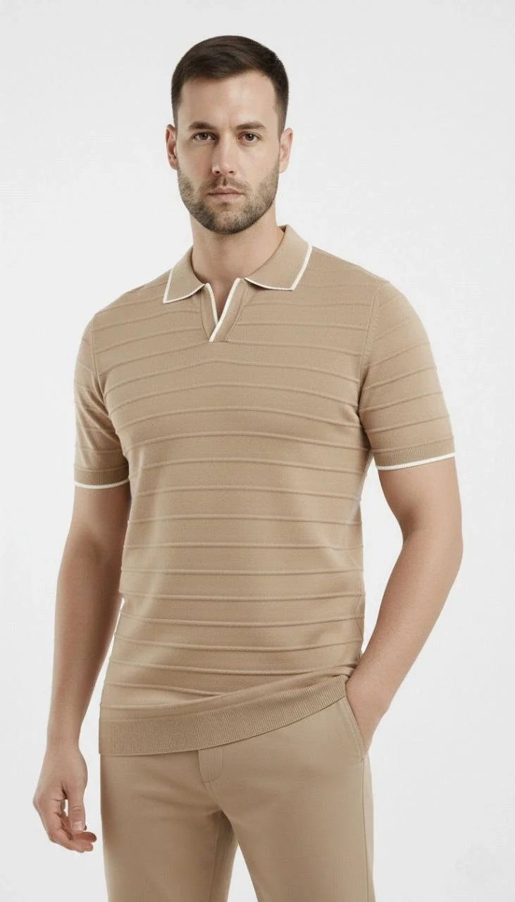 Erkek 2’li Paket Triko Yakalı Düğmesiz Açık Yaka Fitilli Kısa Kollu Regular Fit Tişört - Lacivert & Bej Görsel 3