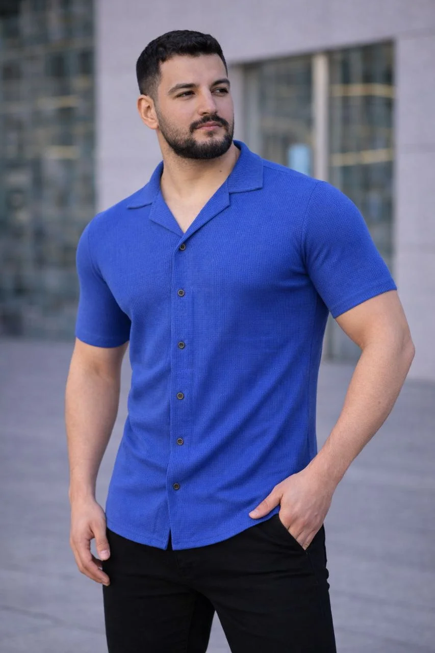 Erkek Waffle Dokuma Açık Yakalı Düğmeli Regular Kalıp 3’lü Gömlek Seti - Gri, Saks Mavisi, Beyaz Görsel 2