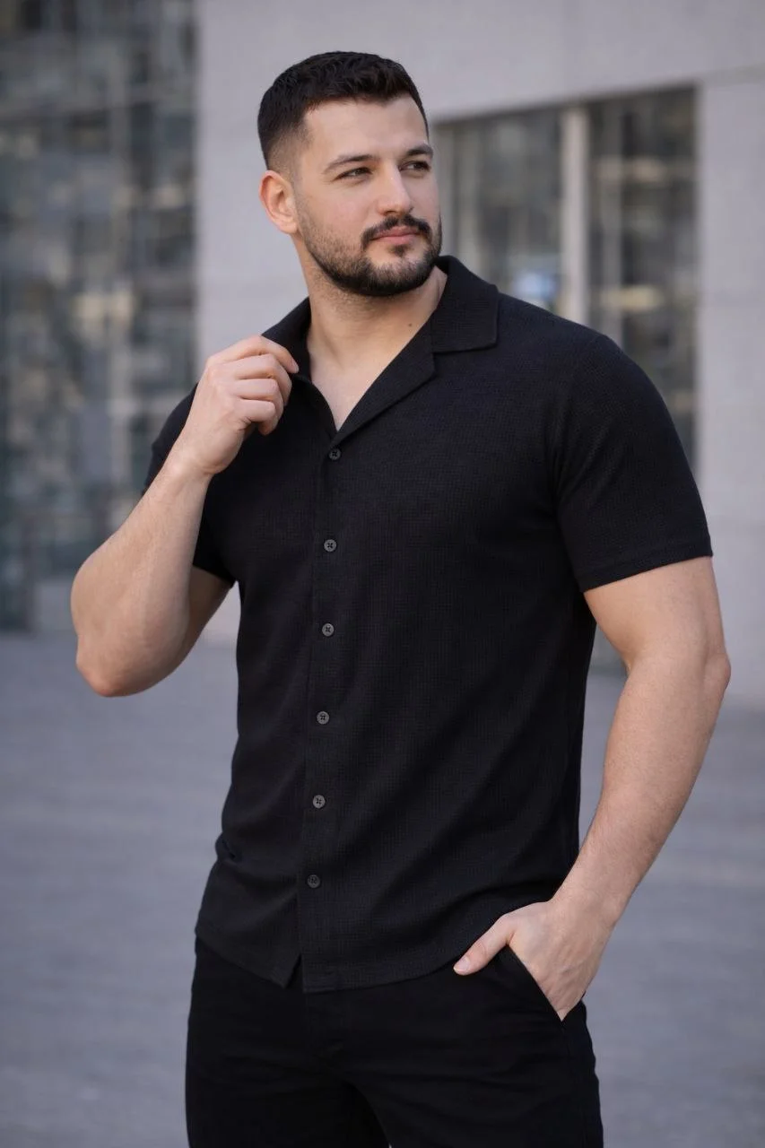 Erkek Waffle Dokuma Açık Yakalı Düğmeli Regular Kalıp 3’lü Gömlek Seti - Siyah, Haki, Lacivert Görsel 2