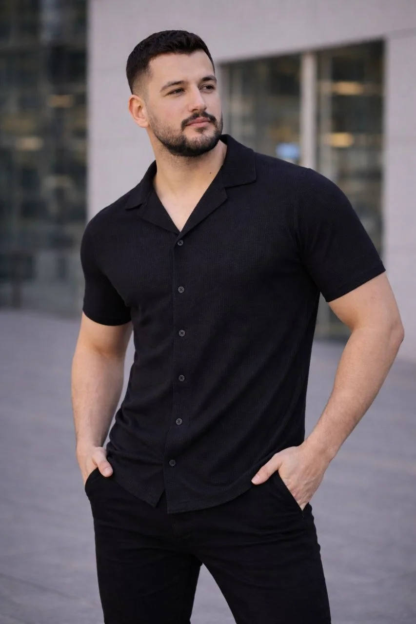 Erkek Waffle Dokuma Açık Yakalı Düğmeli Regular Kalıp 2’li Gömlek Seti - Siyah & Beyaz Görsel 2