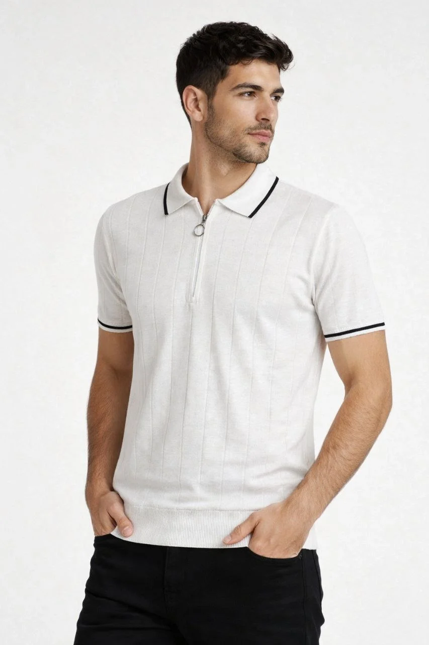 Erkek 2’li Paket Dokuma Triko  Fermuarlı Yakalı Fitilli Kısa Kollu Regular Fit Tişört - Beyaz & Siyah Görsel 8