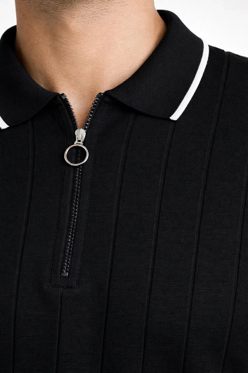 Erkek 2’li Paket Dokuma Triko  Fermuarlı Yakalı Fitilli Kısa Kollu Regular Fit Tişört - Bej & Siyah Görsel 6