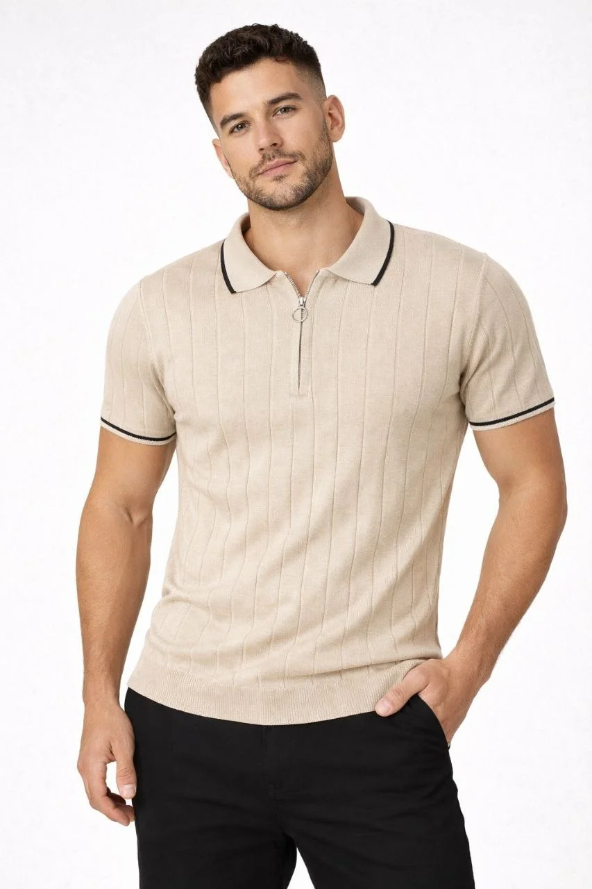 Erkek 2’li Paket Dokuma Triko  Fermuarlı Yakalı Fitilli Kısa Kollu Regular Fit Tişört - Bej & Kahverengi Görsel 7