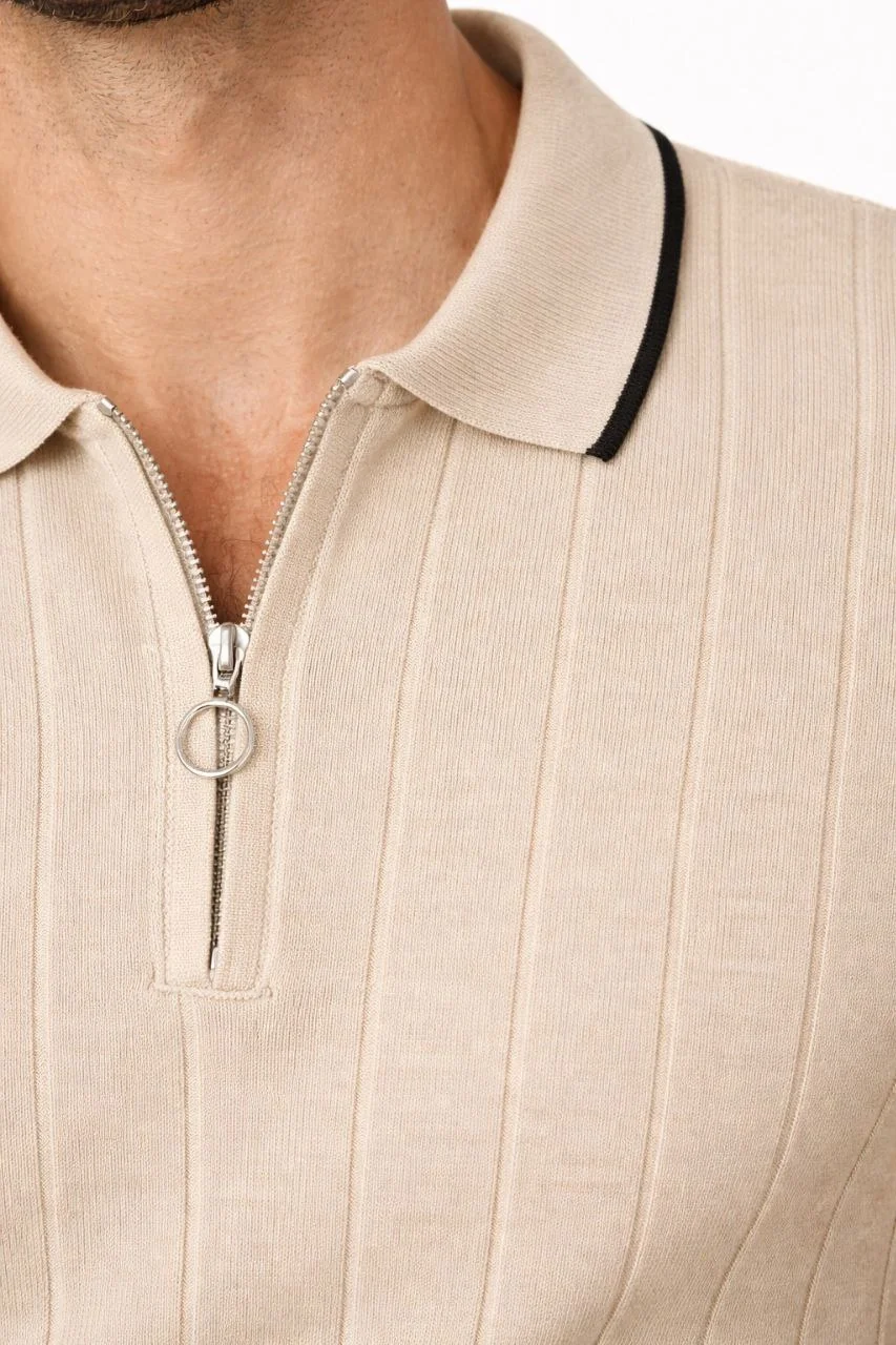 Erkek 2’li Paket Dokuma Triko  Fermuarlı Yakalı Fitilli Kısa Kollu Regular Fit Tişört - Bej & Kahverengi Görsel 8