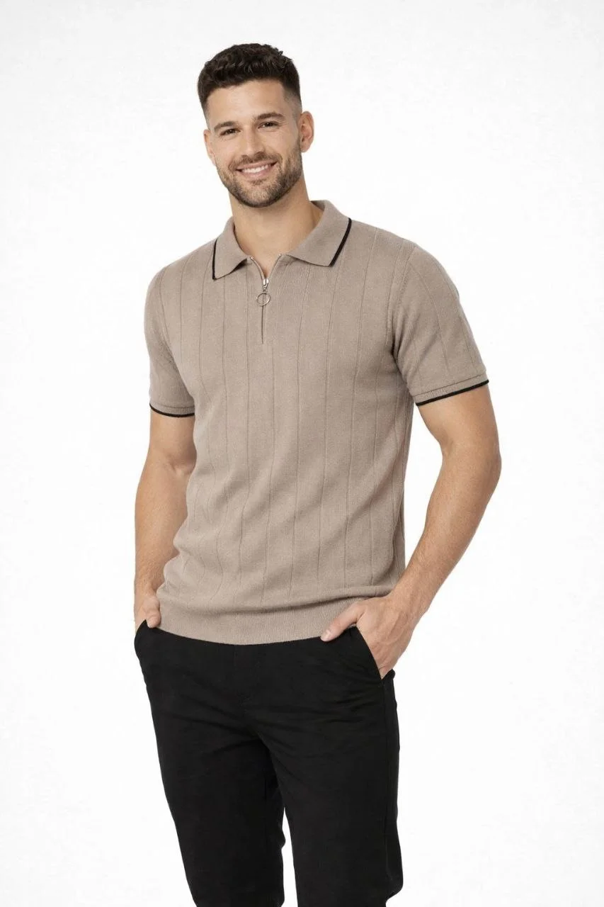 Erkek 2’li Paket Dokuma Triko  Fermuarlı Yakalı Fitilli Kısa Kollu Regular Fit Tişört - Bej & Kahverengi Görsel 2