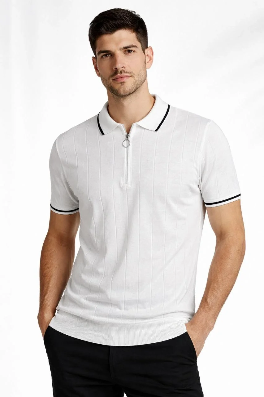 Erkek 2’li Paket Dokuma Triko  Fermuarlı Yakalı Fitilli Kısa Kollu Regular Fit Tişört - Bej & Beyaz Görsel 2