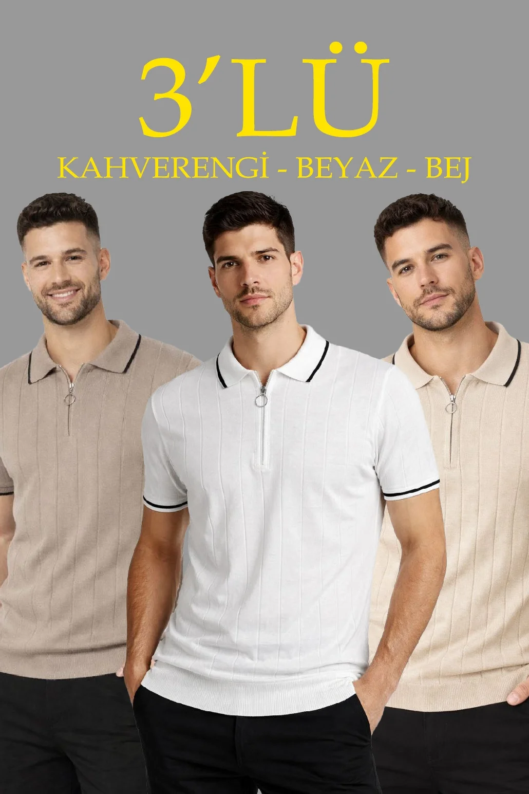 Erkek 3’lü Paket Dokuma Triko  Fermuarlı Yakalı Fitilli Kısa Kollu Regular Fit Tişört - Kahverengi, Beyaz, Bej