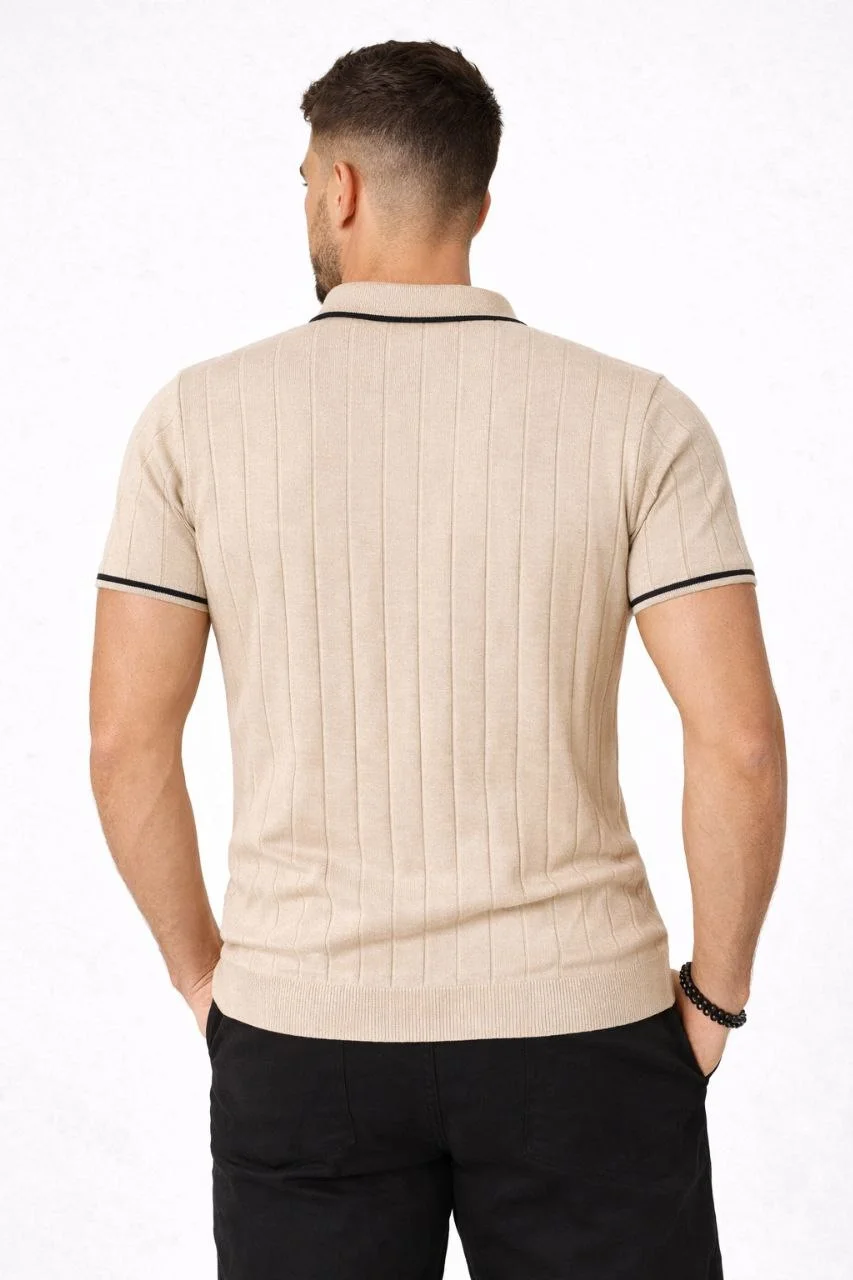 Erkek 3’lü Paket Dokuma Triko  Fermuarlı Yakalı Fitilli Kısa Kollu Regular Fit Tişört - Kahverengi, Beyaz, Bej Görsel 5