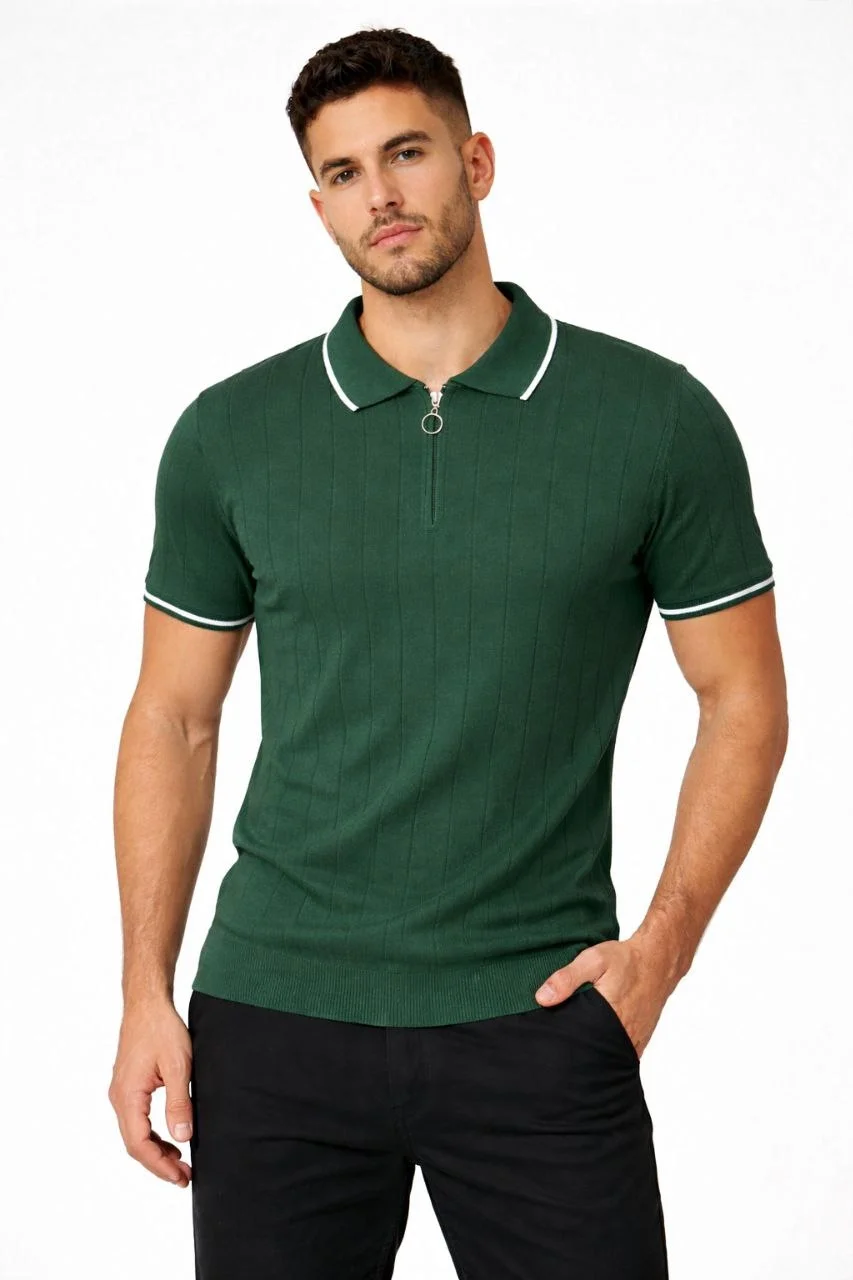 Erkek 3’lü Paket Dokuma Triko  Fermuarlı Yakalı Fitilli Kısa Kollu Regular Fit Tişört - Kahverengi, Haki, Siyah Görsel 5