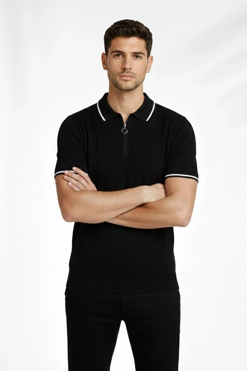 Erkek 3’lü Paket Dokuma Triko  Fermuarlı Yakalı Fitilli Kısa Kollu Regular Fit Tişört - Kahverengi, Haki, Siyah Görsel 6