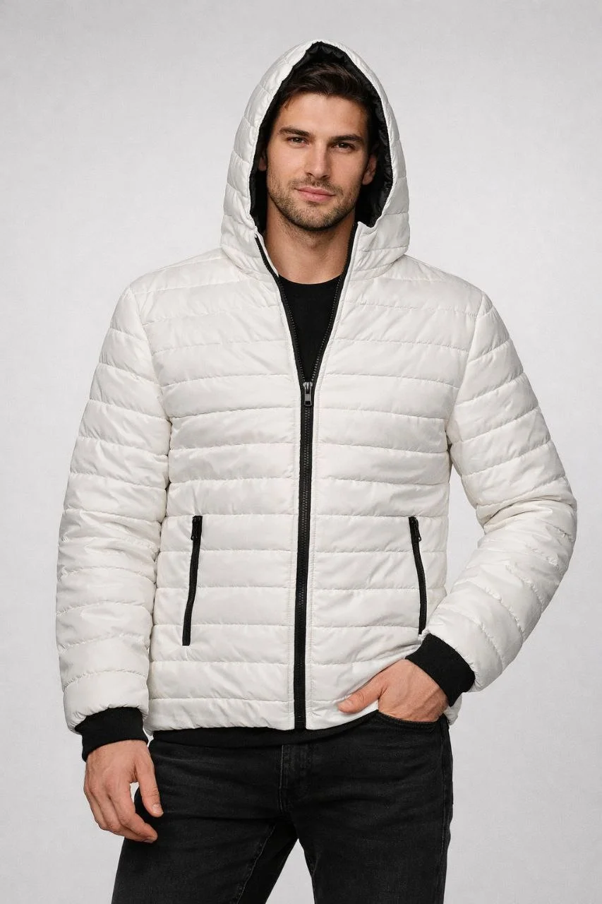 Erkek Şişme Kapüşonlu Fermuarlı Mont Su itici Kapitone Astarlı Kumaş Cepli Kışlık Rahat Kalıp - Krem Görsel 4