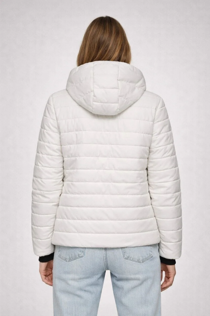 Kadın Şişme Kapüşonlu Fermuarlı Mont Su itici Kapitone Astarlı Kumaş Cepli Kışlık Rahat Kalıp - Krem Görsel 2