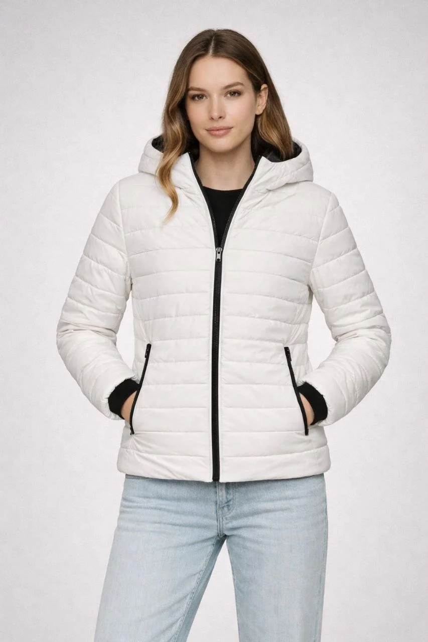 Kadın Şişme Kapüşonlu Fermuarlı Mont Su itici Kapitone Astarlı Kumaş Cepli Kışlık Rahat Kalıp - Krem Görsel 4