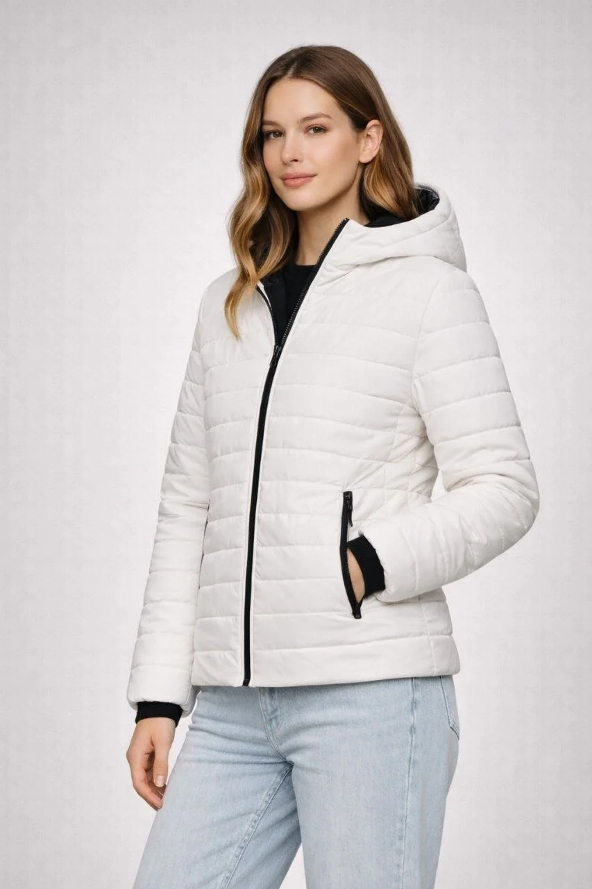 Kadın Şişme Kapüşonlu Fermuarlı Mont Su itici Kapitone Astarlı Kumaş Cepli Kışlık Rahat Kalıp - Krem Görsel 3