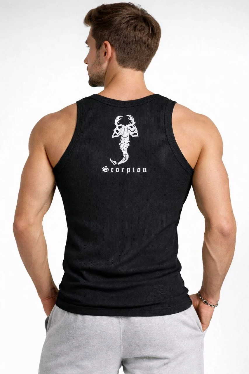 Erkek Fitilli Atlet Sıfır Yaka Slim Fit Arka Baskılı Spor Atlet - Siyah Görsel 2