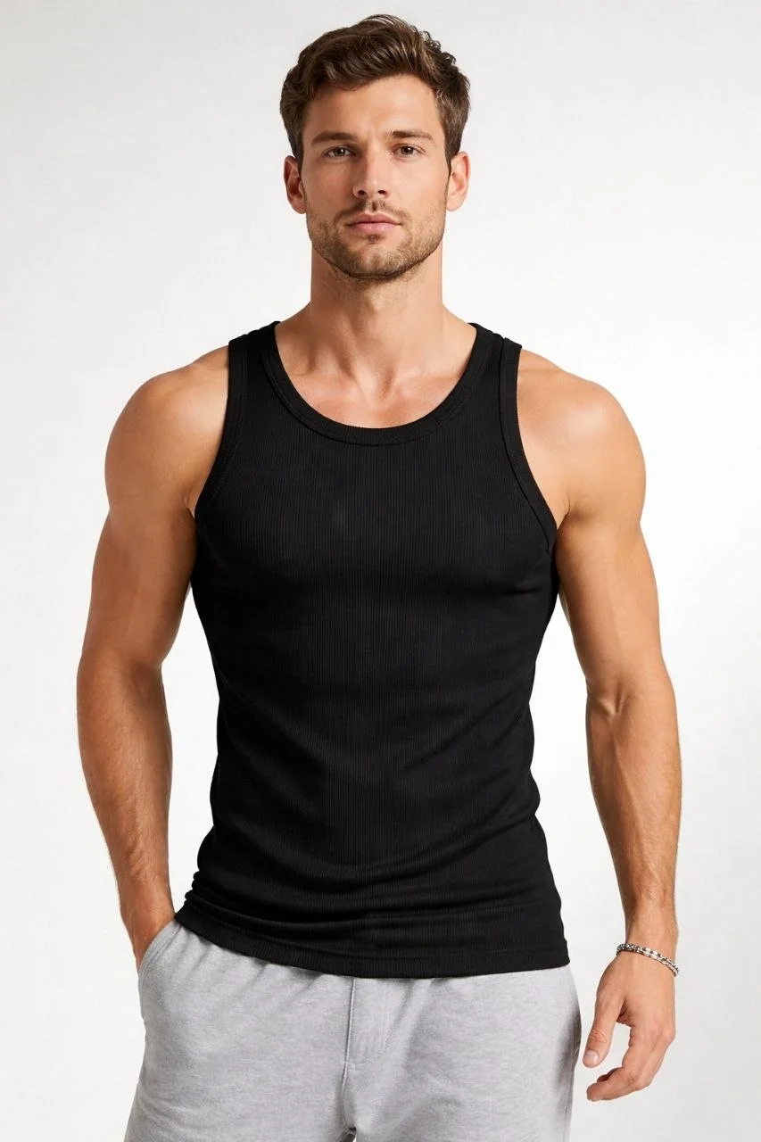 Erkek Fitilli Atlet Sıfır Yaka Slim Fit Arka Baskılı Spor Atlet - Siyah Görsel 3