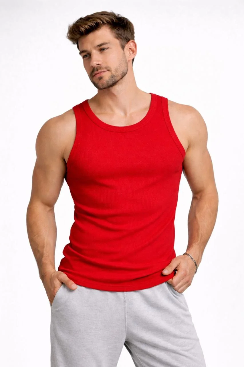 Erkek Fitilli Atlet Sıfır Yaka Slim Fit Arka Baskılı Spor Atlet - Kırmızı Görsel 2