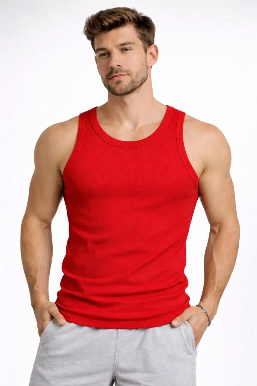 Erkek Fitilli Atlet Sıfır Yaka Slim Fit Arka Baskılı Spor Atlet - Kırmızı Görsel 3