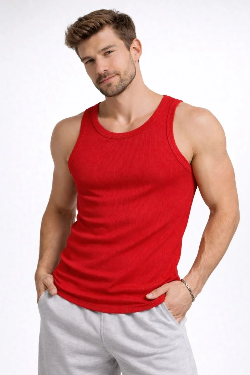 Erkek Fitilli Atlet Sıfır Yaka Slim Fit Arka Baskılı Spor Atlet - Kırmızı Görsel 4