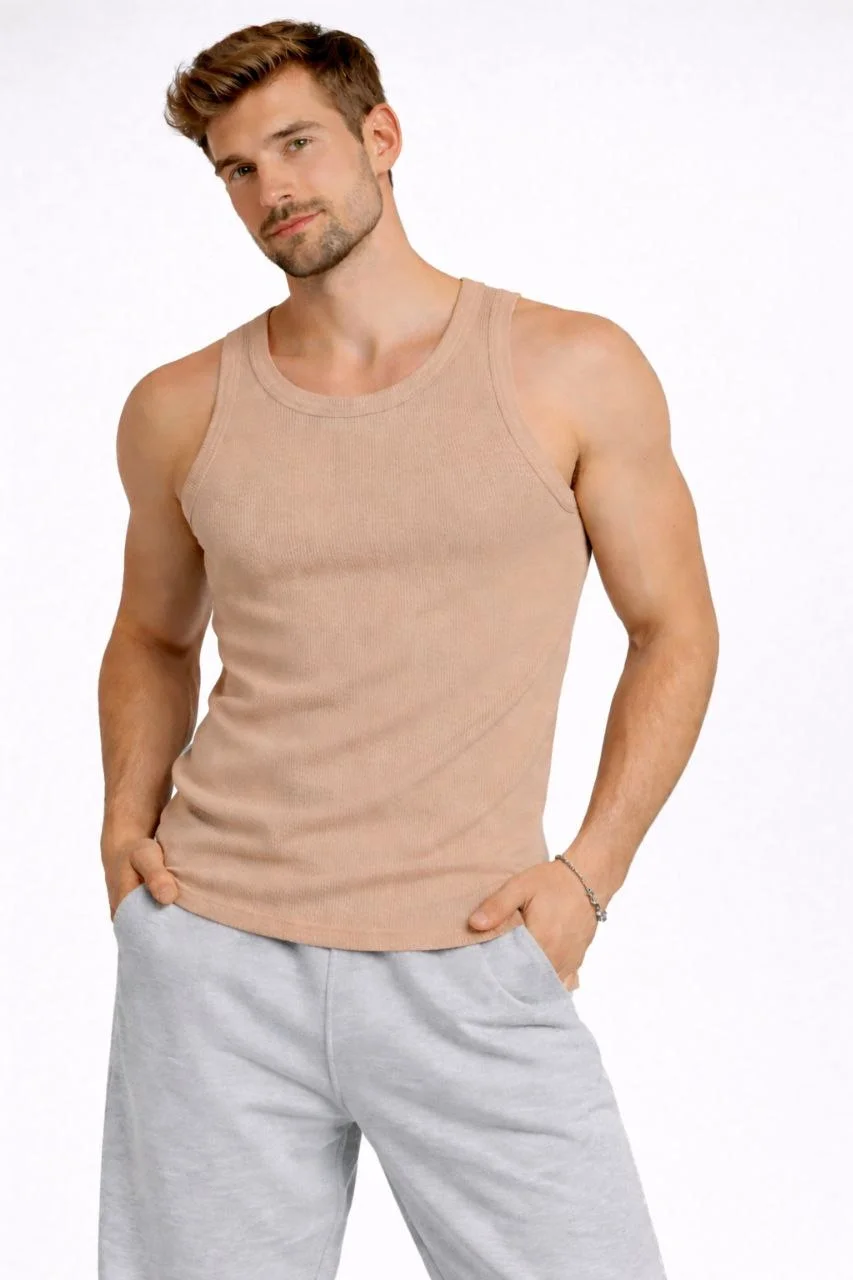 Erkek Fitilli Atlet Sıfır Yaka Slim Fit Arka Baskılı Spor Atlet - Bej Görsel 3