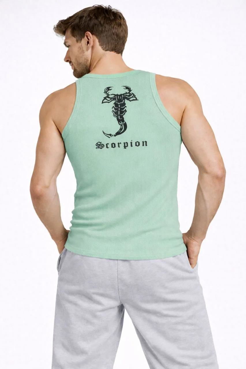 Erkek Fitilli Atlet Sıfır Yaka Slim Fit Arka Baskılı Spor Atlet - Mint Yeşili Görsel 4