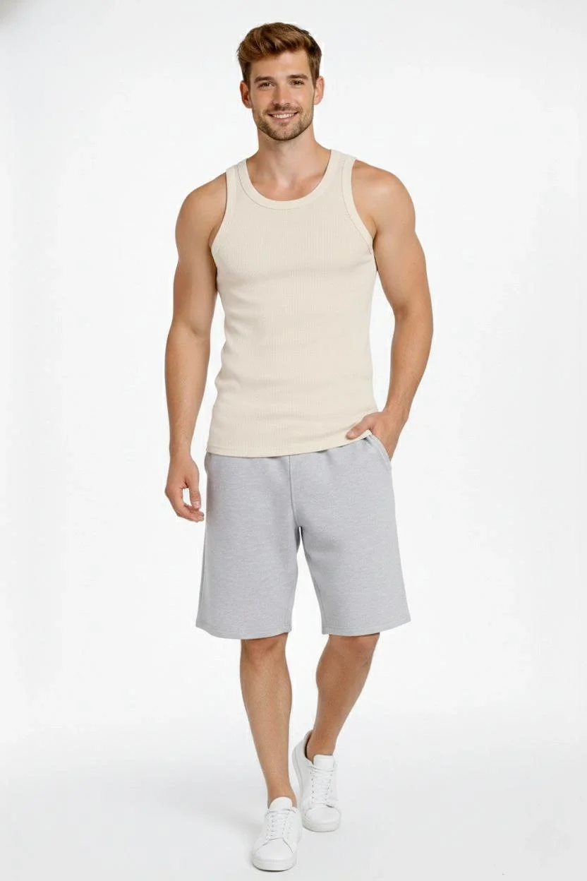 Erkek Fitilli Atlet Sıfır Yaka Slim Fit Arka Baskılı Spor Atlet - Krem Görsel 2