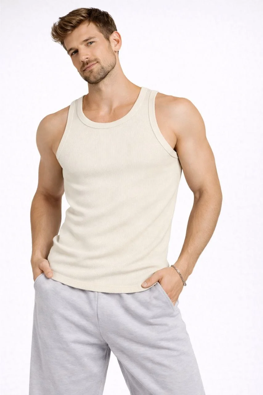 Erkek Fitilli Atlet Sıfır Yaka Slim Fit Arka Baskılı Spor Atlet - Krem Görsel 4