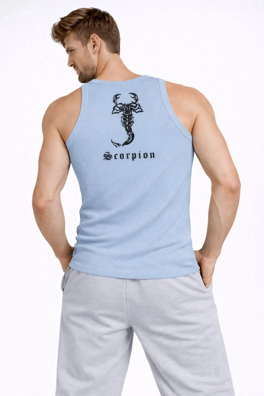 Erkek Fitilli Atlet Sıfır Yaka Slim Fit Arka Baskılı Spor Atlet - Bebe Mavisi Görsel 3