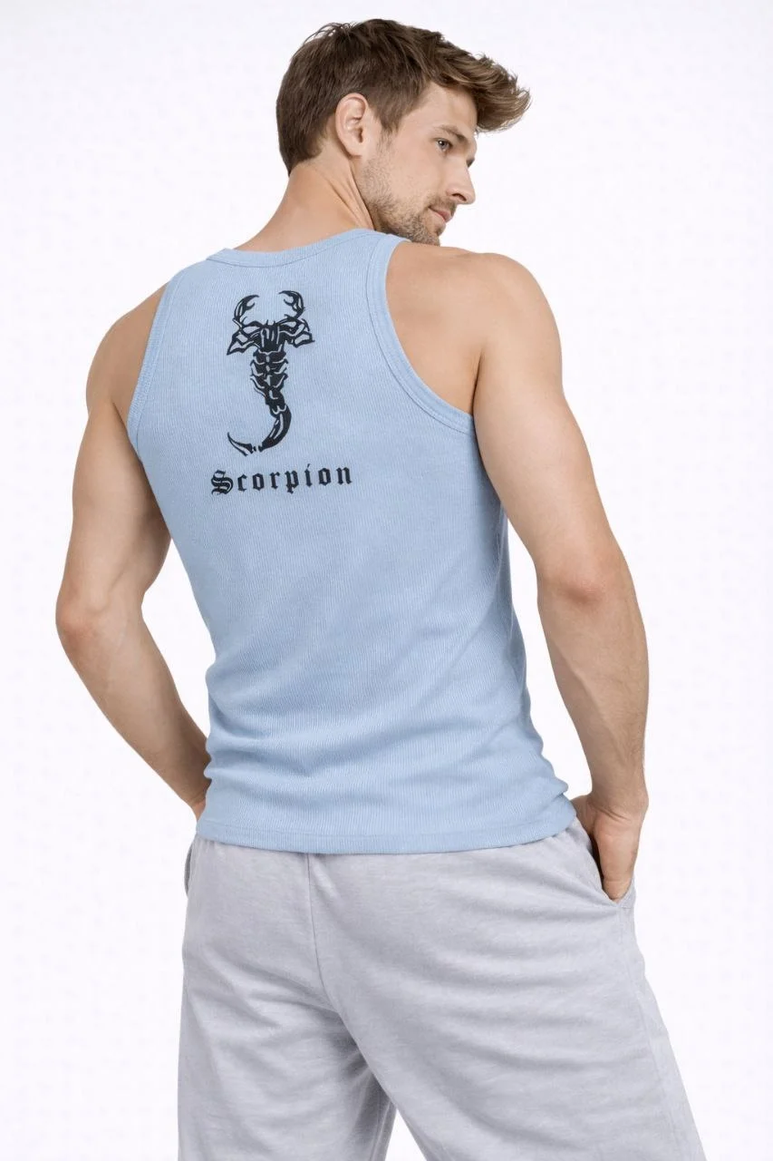 Erkek Fitilli Atlet Sıfır Yaka Slim Fit Arka Baskılı Spor Atlet - Bebe Mavisi Görsel 4