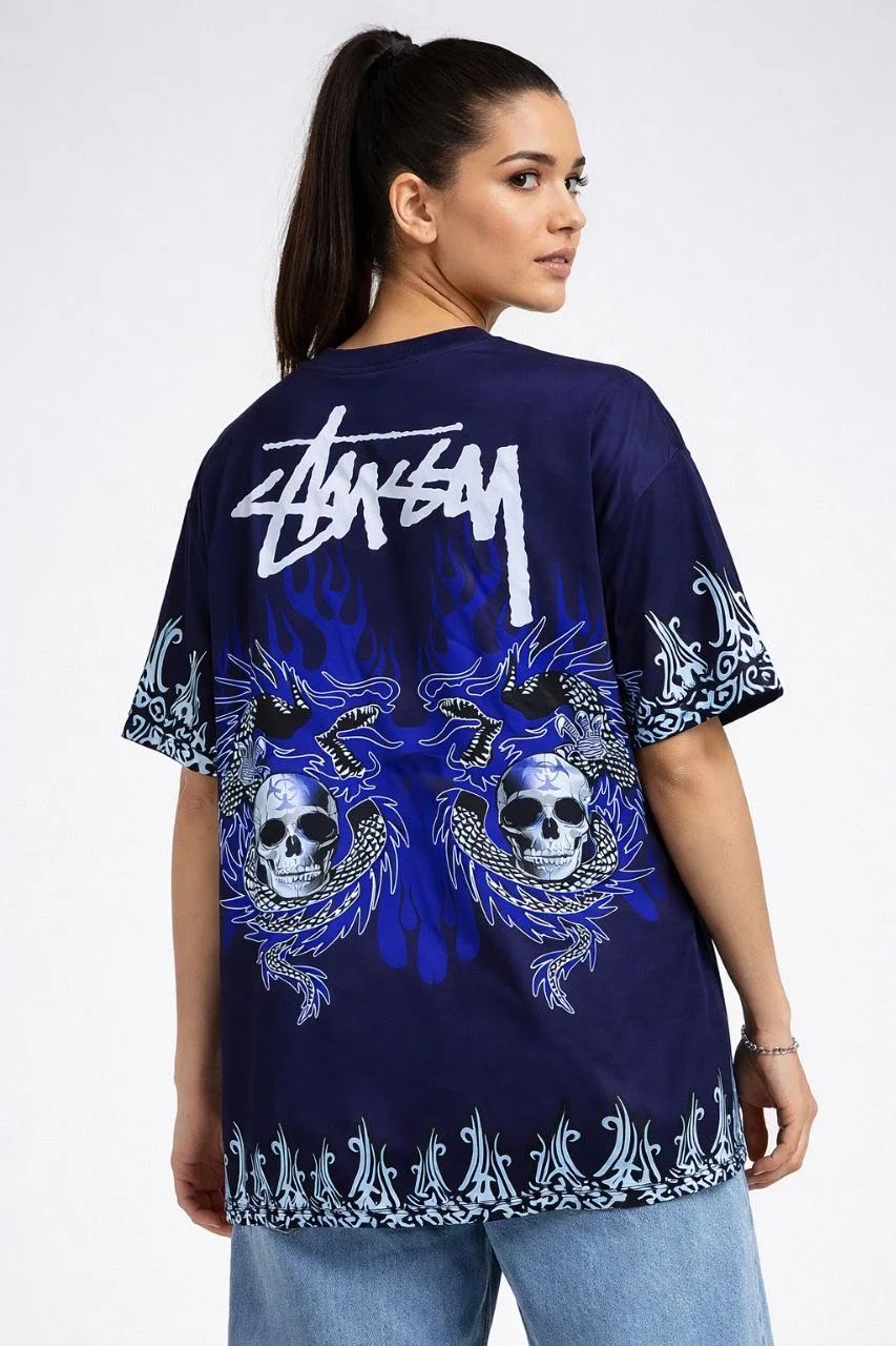 Kadın Oversize Tişört Dragon & Kuru Kafa Baskılı Bisiklet Yaka T-Shirt