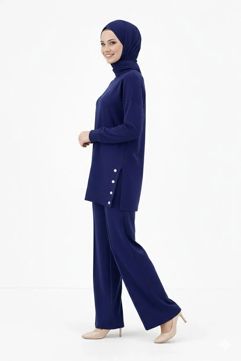 Kadın Osy Modal yumuşak Kumaş Tesettür Takım Yandan Metal Çıtçıtlı Uzun Tunik - Lacivert