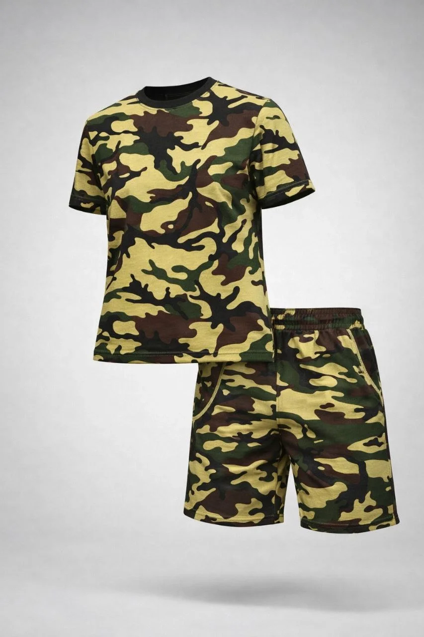 Erkek Kamuflaj Desenli Tişört Şort Takım Regular Fit Spor 2’li - Kamuflaj