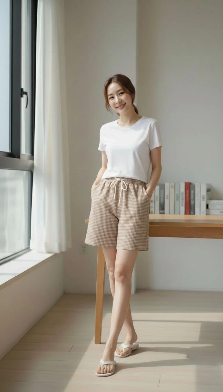 Kadın Pötikareli Şort Beli Lastikli Bağcıklı Cepli Kesim Şort - Bej