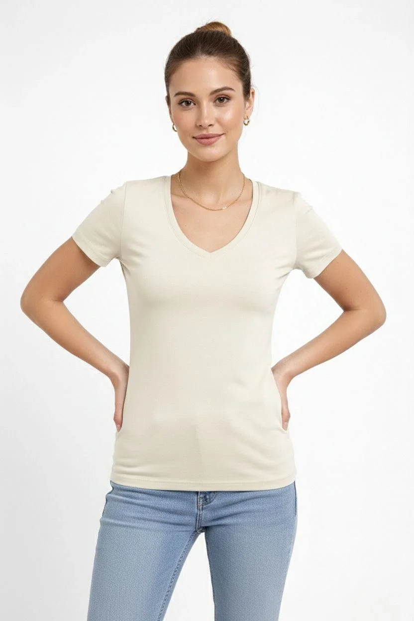 Kadın T-Shirt V Yaka Slim Fit Likralı Tişört Yazlık Basic Body - Taş