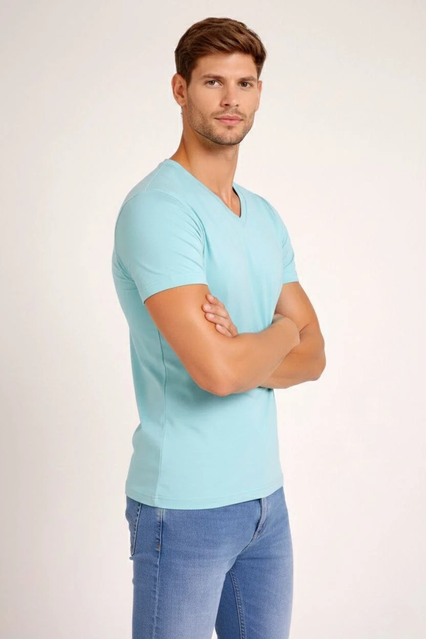 Erkek Body T-shirt V Yaka Slim Fit Likralı Kısa kol Tişört - Turkuvaz