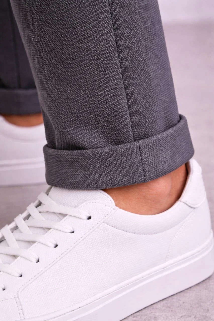 Erkek Diagonel Mikro dokulu Duble Paça Cepli Pantolon Bağcıklı Bel, Modern Kesim - Füme