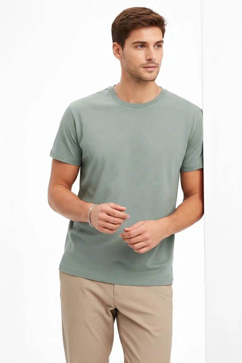 Erkek Bisiklet Yaka Yazlık Kısa kol Düz Tişört Regular Kalıp T-shirt - Mint