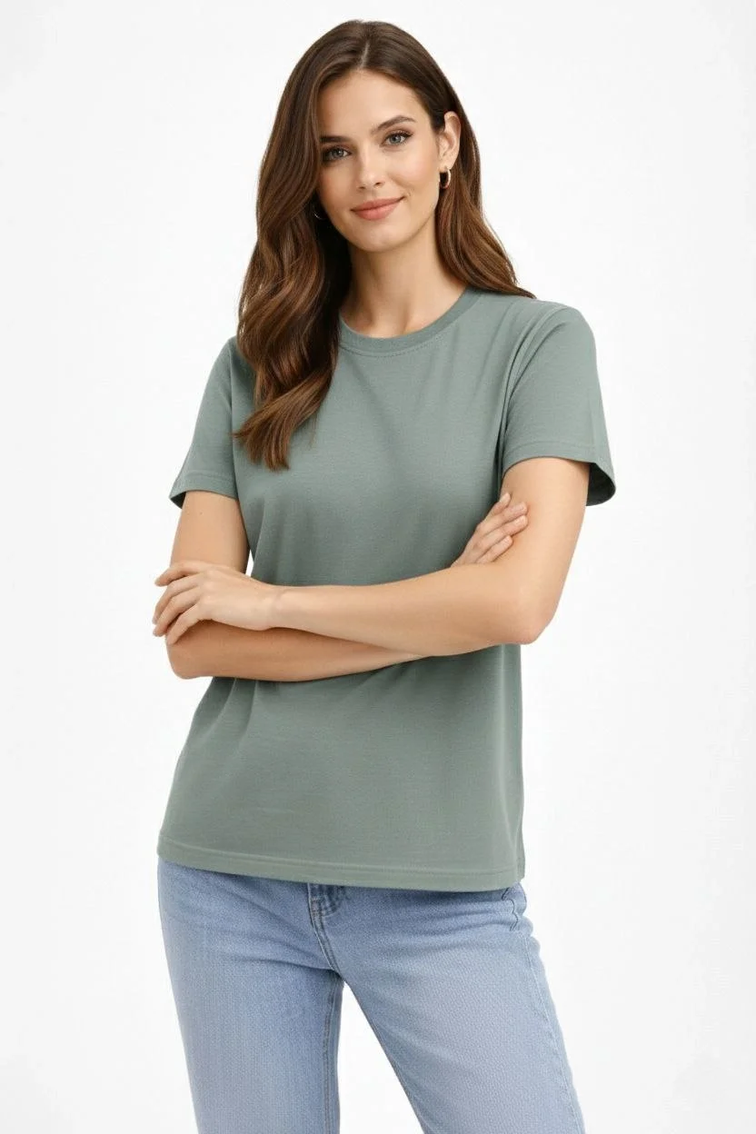 Kadın Bisiklet Yaka Yazlık Kısa kol Düz Tişört Regular Kalıp T-shirt - Mint