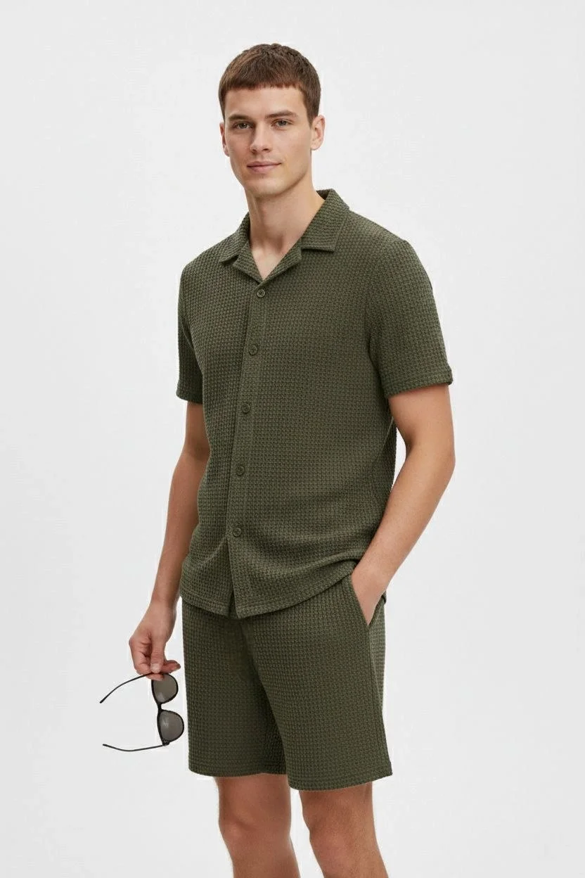 Erkek Waffle Kısa Kollu Gömlek Şort Takım Regular Fit İkili Set - Haki