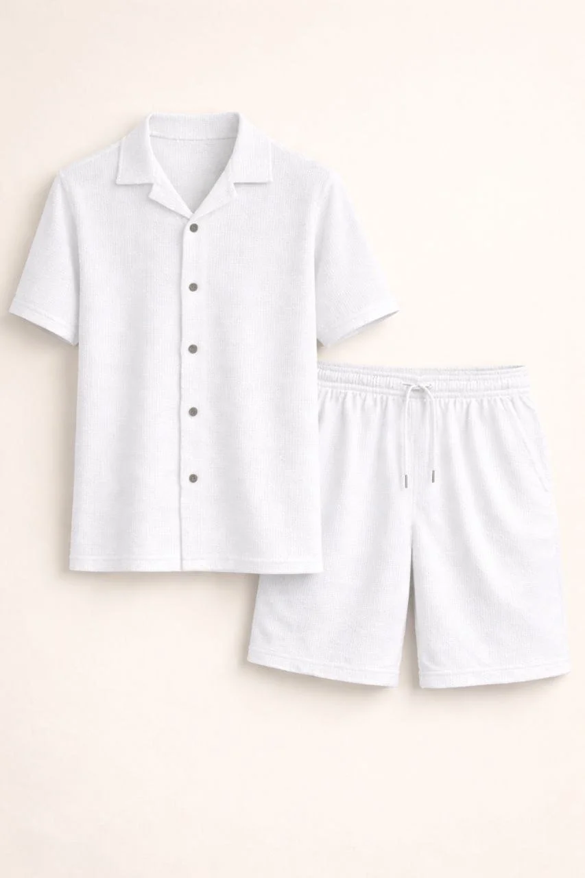 Erkek Waffle Kumaş Kısa Kollu Gömlek Şort Takım Regular Fit Yazlık İkili Set - Beyaz