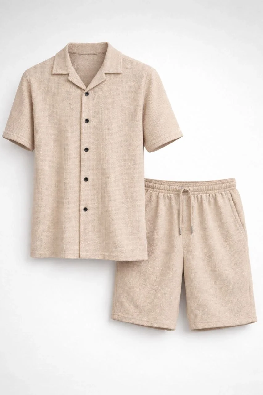 Erkek Waffle Kısa Kollu Gömlek Şort Takım Regular Fit İkili Set - Bej