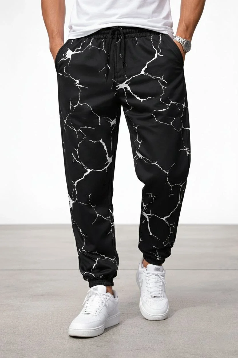 Erkek Dijital Baskılı Eşofman Altı Üç İplik Şardonlu Lastikli Paça Cepli Kalıp - Siyah