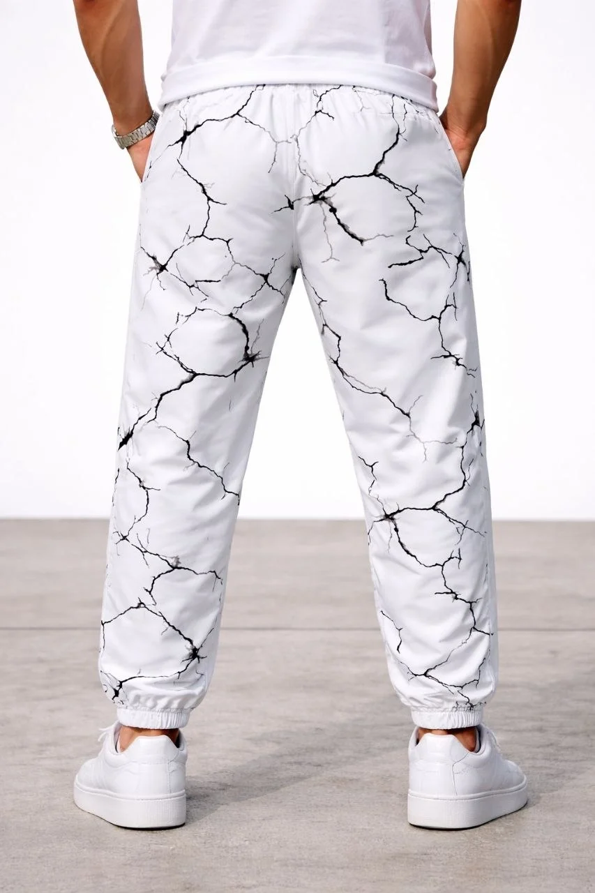 Erkek Dijital Baskılı Eşofman Altı Üç İplik Şardonlu Lastikli Paça Cepli Kalıp - Beyaz